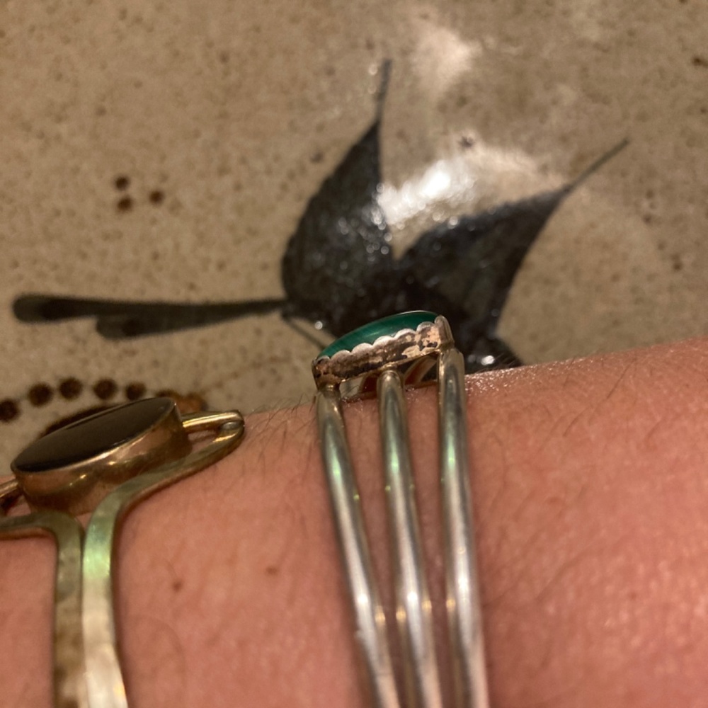 Pair Malachite shell Crystal stone Alpaca Silver bracelet Cuff - Picture 13 of 13